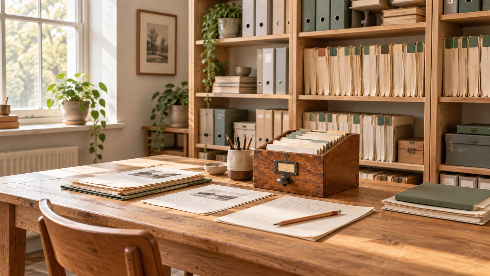 A well-kept workroom with organized folders, binders, and reference materials on a wooden table