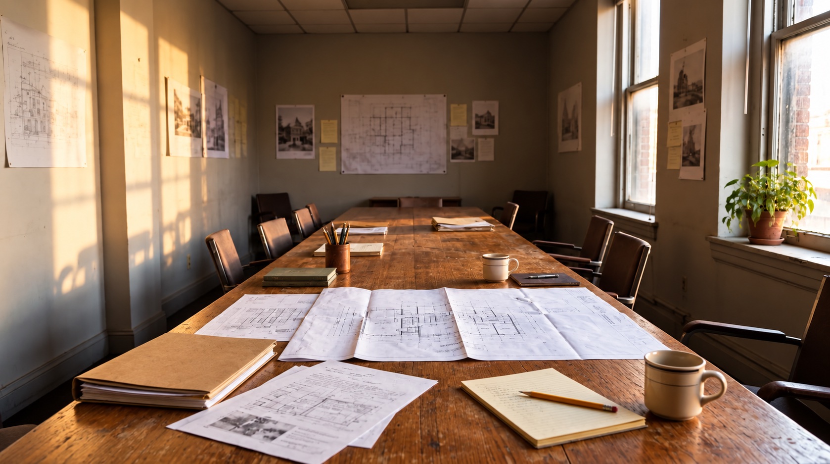 A well-kept wooden worktable with an open blueprint, folders, and papers in an older planning room