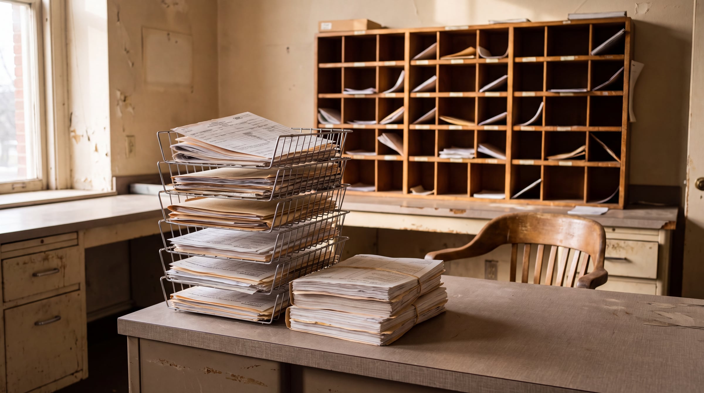 A tall stack of wire letter trays heaped with printed forms on an office desk, a wooden pigeonhole sorting rack on the wall behind